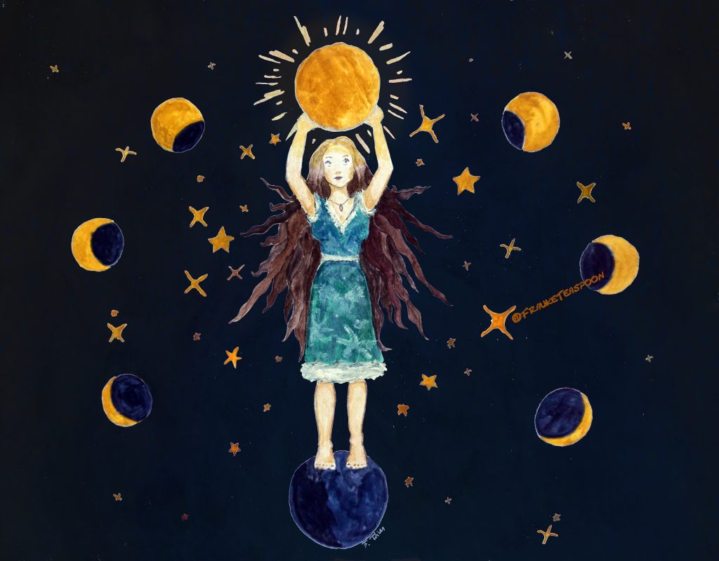 Painting of a woman surrounded by the moon phases. She is standing barefoot on the New Moon and she is holding the Full Moon on top of her head.
