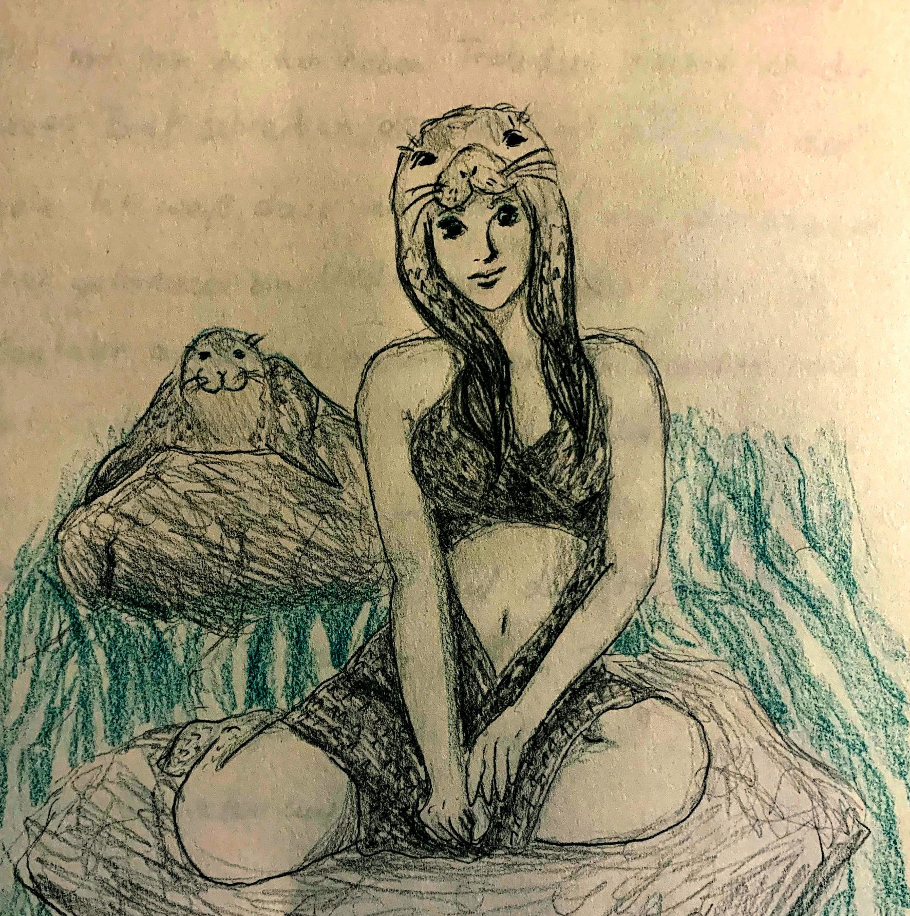 Painting of a Selkie woman sitting on a rock, with a seal in the background.